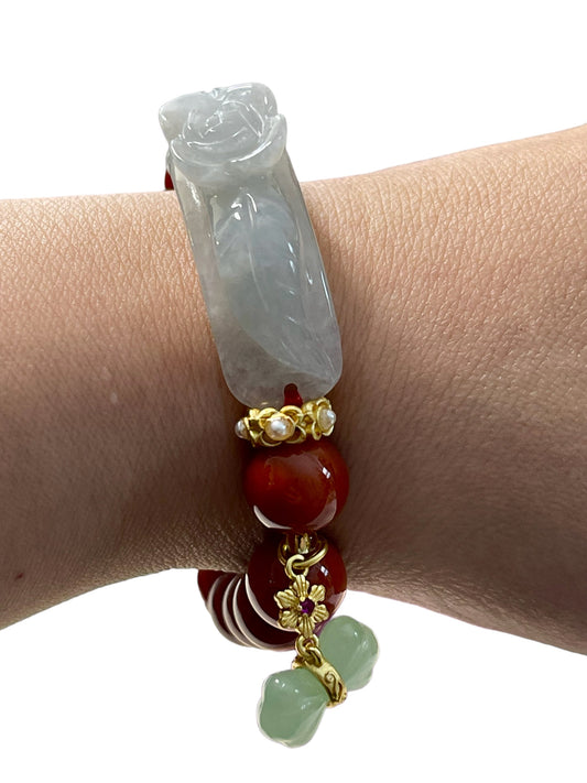 Flower Jadeite, Red Jade 10mm: Good Fortune, Love, Joy