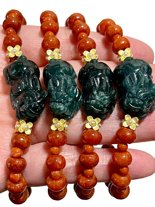 Green Jade Pixiu, Donut Shaped Red Jades: Promote Good Fortune, Love, Joy, Protection from Misfortune