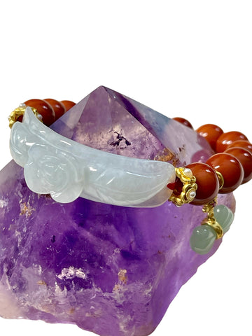 Flower Jadeite, Red Jade 10mm: Good Fortune, Love, Joy