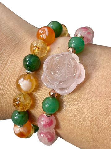 Bloom to Your Highest and Truest Self, Good Fortune, Success, Prosperity | Carnelian Flower Agate, Green Jade, Citrine