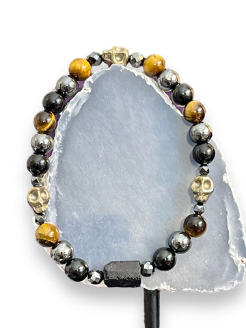 3 Pyrite Skull Heads; Triple Protection Bracelet with Raw Tourmaline