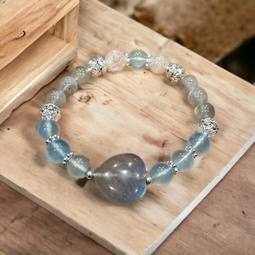 Labradorite Heart, Aquamarine, Snowflake Quartz; Increase Intuition, Protection, Emotional Balance