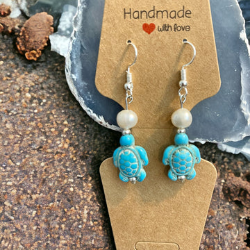 Turquoise Turtles with Pearls Earrings