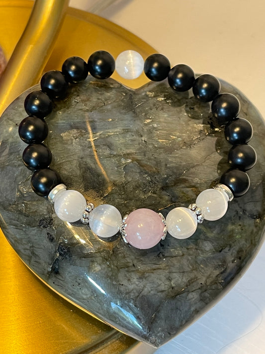 Selenite, Matte Onyx, Rose Quartz; Negative Energy Protection Bracelet