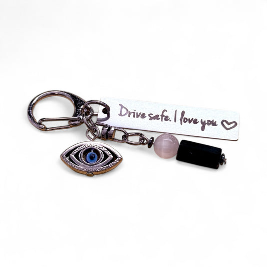 Drive Safely, I Love You | Protection | Selenite & Tourmaline Keychain | Evil Eye Charms