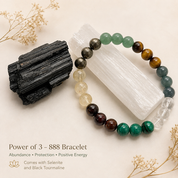 Power of 888 Bracelet: Good Fortune, Success, Financial Abundance | Selenite + Tourmaline & Intention Card Included