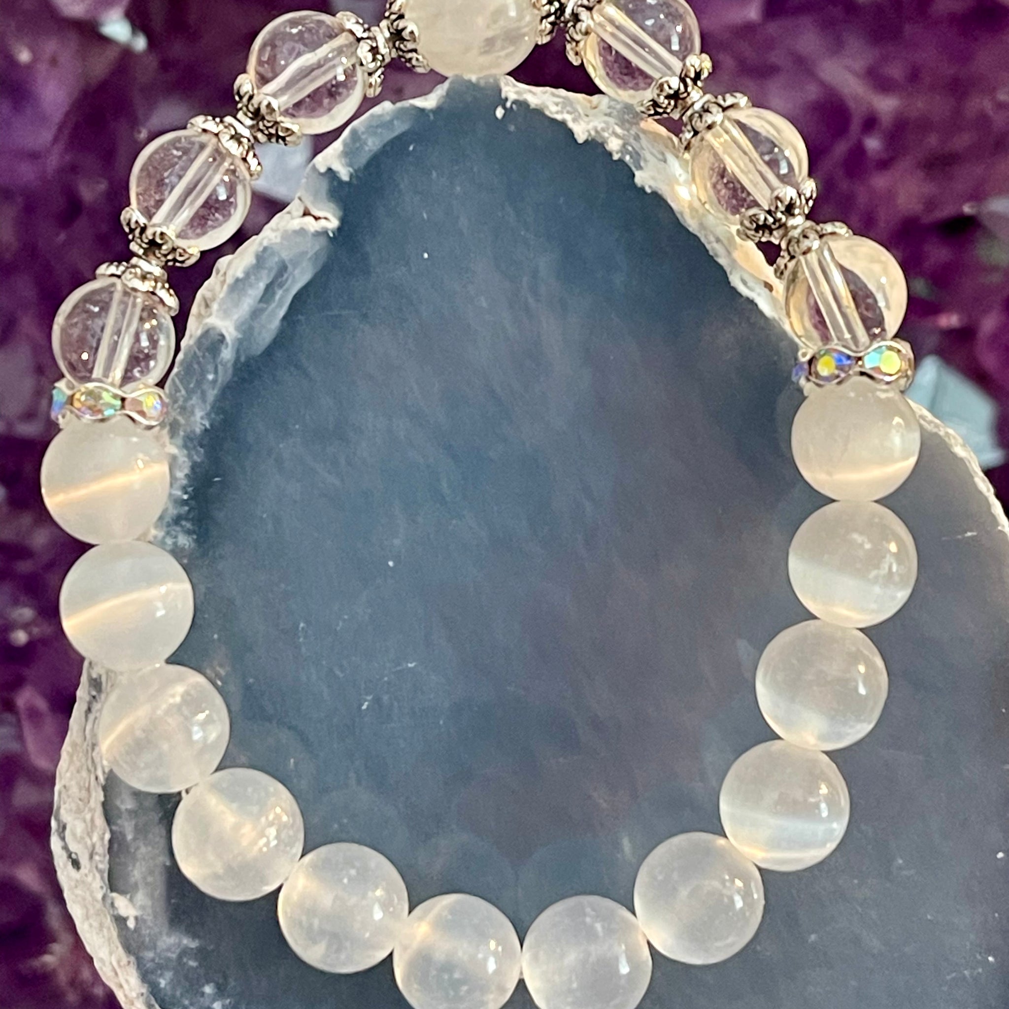 Selenite, Clear Quartz, Moonstone; Peace, Calm, Mental Clarity, Mental Well-Being