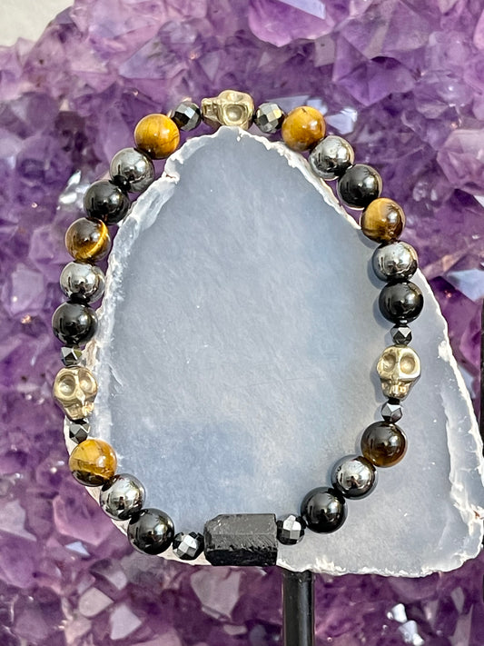 3 Pyrite Skull Heads; Triple Protection Bracelet with Raw Tourmaline