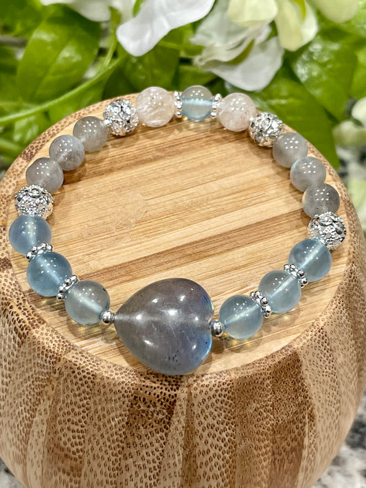 Labradorite Heart, Aquamarine, Snowflake Quartz; Increase Intuition, Protection, Emotional Balance