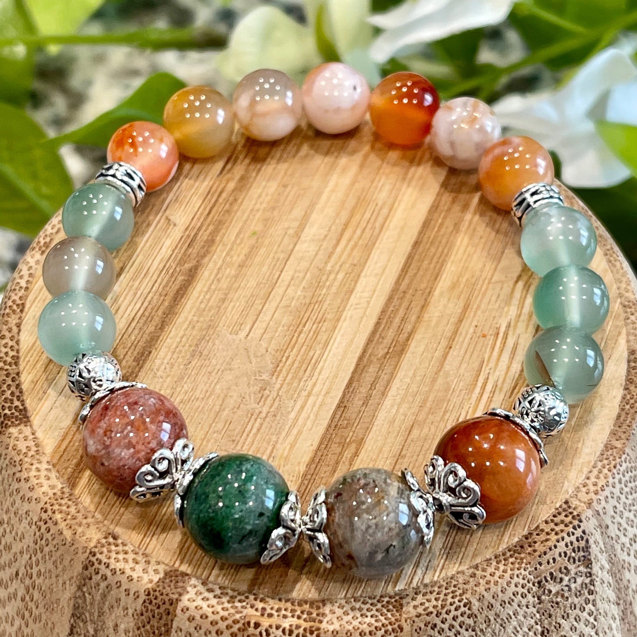 Thousand Layer Quartz 14mm, Green Flower Agate, Carnelian Flower Agate; Transformation, Peace, Tranquility, Strong Healing Benefits