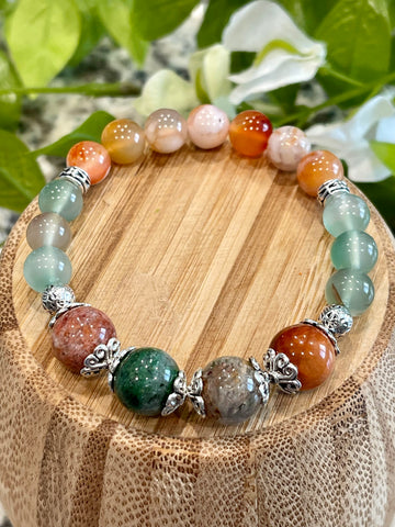 Thousand Layer Quartz 14mm, Green Flower Agate, Carnelian Flower Agate; Transformation, Peace, Tranquility, Strong Healing Benefits