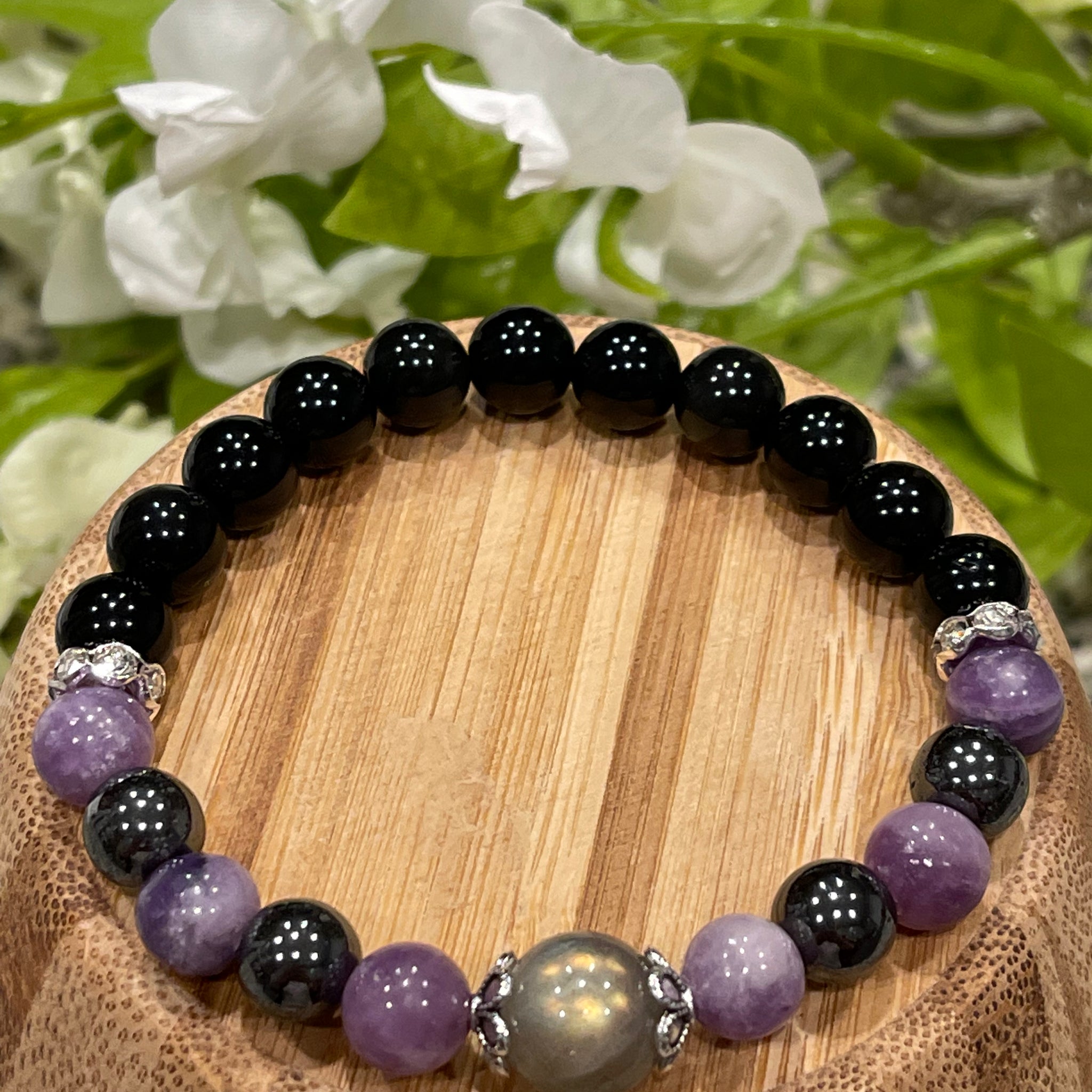 Obsidian, Purple Mica, Hematite, Purple Labradorite 11mm; Protection, Wisdom, Intuition, Deep Emotional Healing, Soothing and Reducing Stress and Depression