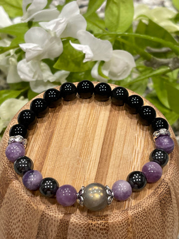 Obsidian, Purple Mica, Hematite, Purple Labradorite 11mm; Protection, Wisdom, Intuition, Deep Emotional Healing, Soothing and Reducing Stress and Depression