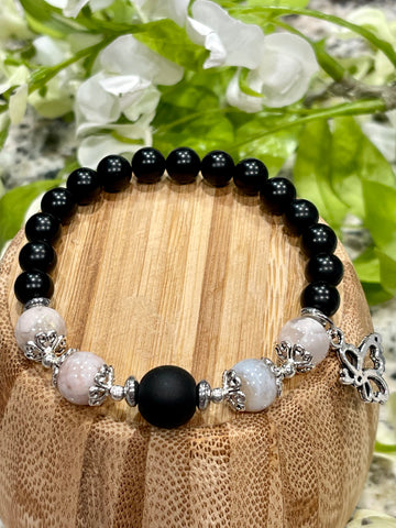 Flower Agate, Matte Onyx; Inner Peace, Empathy, Joy, Strength, Protection