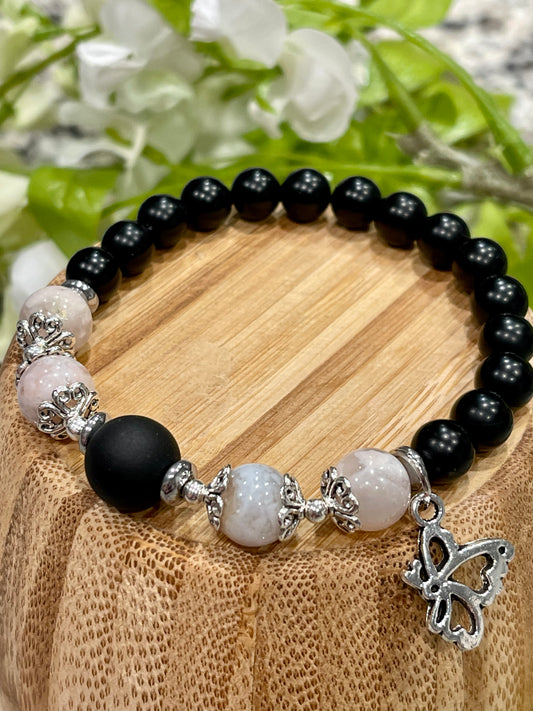 Flower Agate, Matte Onyx; Inner Peace, Empathy, Joy, Strength, Protection