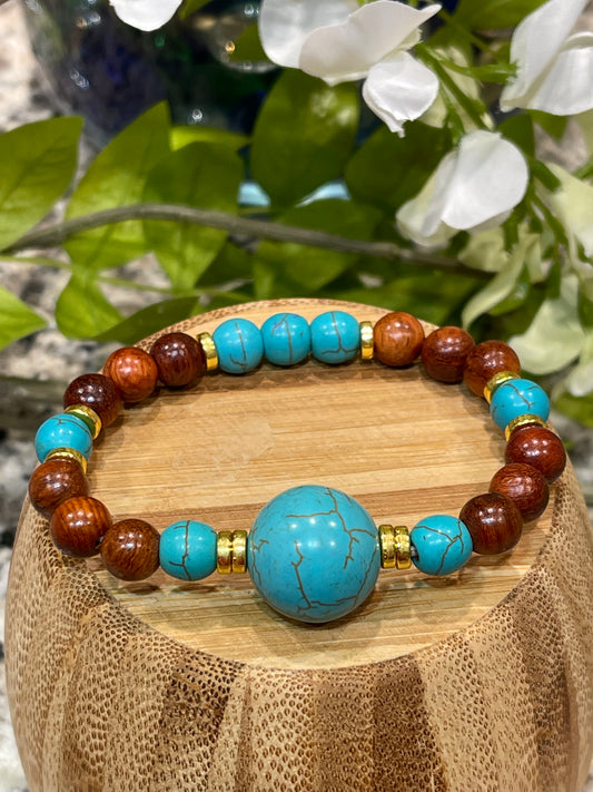 Turquoise 22mm, Burmese Pearwood, A Stone of Cleansing, Protection, Good Fortune (Available in Silver and Gold spacers)