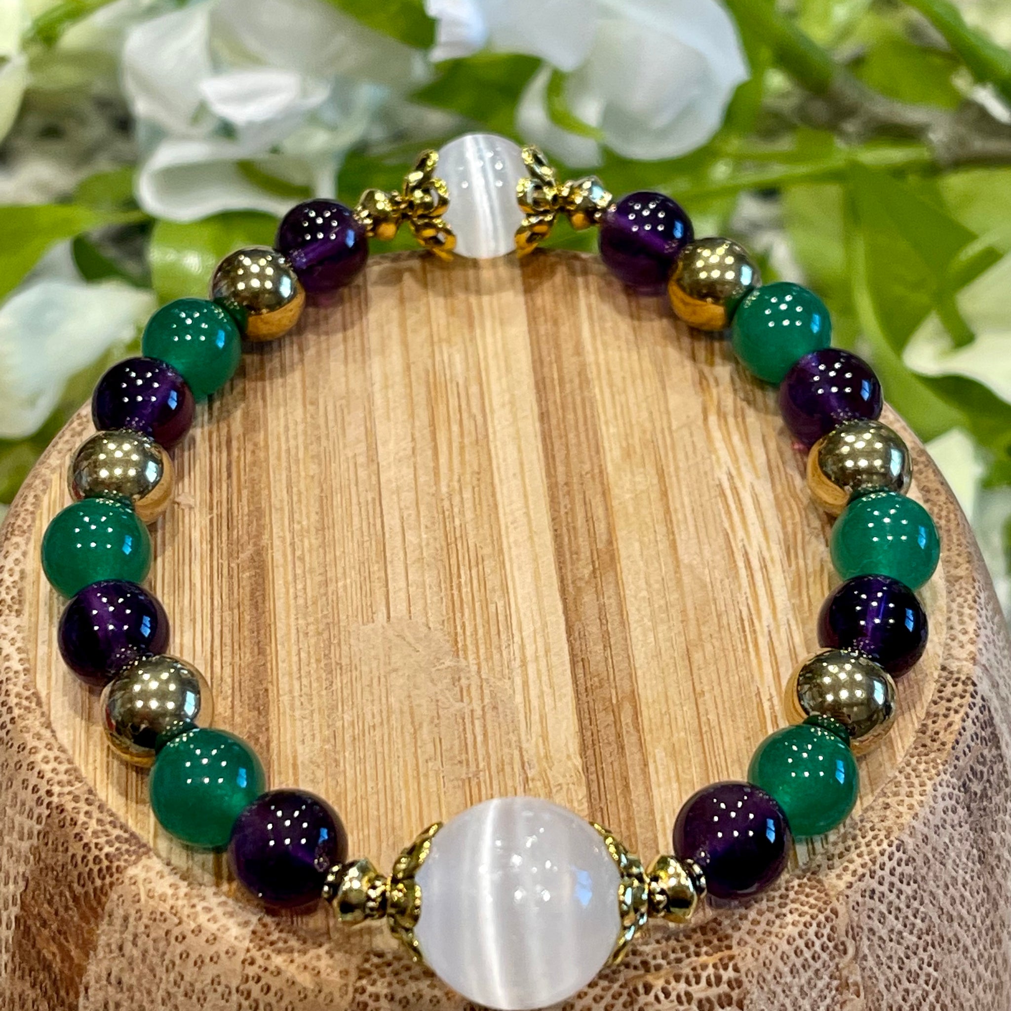 Selenite 14mm, Amethyst, Green Jade, Gold Hematite