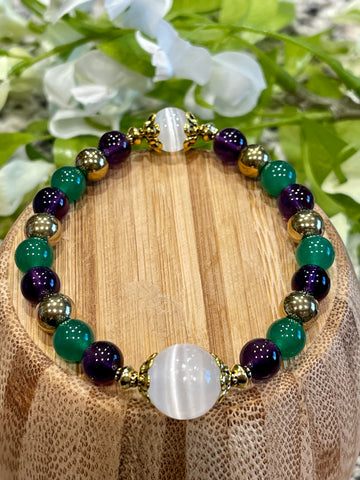 Selenite 14mm, Amethyst, Green Jade, Gold Hematite