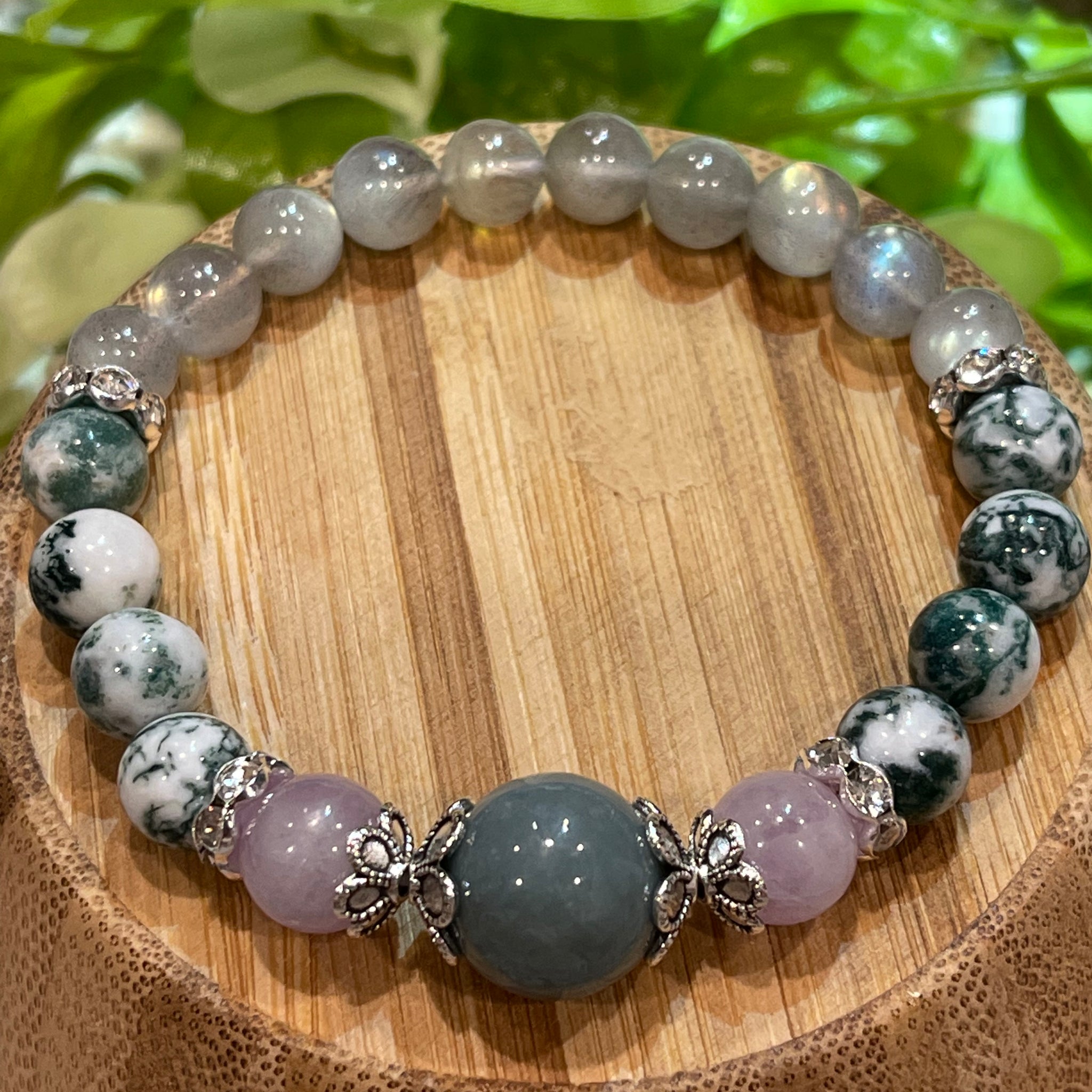 Blue Water Jade, Moss Agate, Kunzite, and Labradorite: Positive Energy, Harmony, Emotional Balance, Self Love