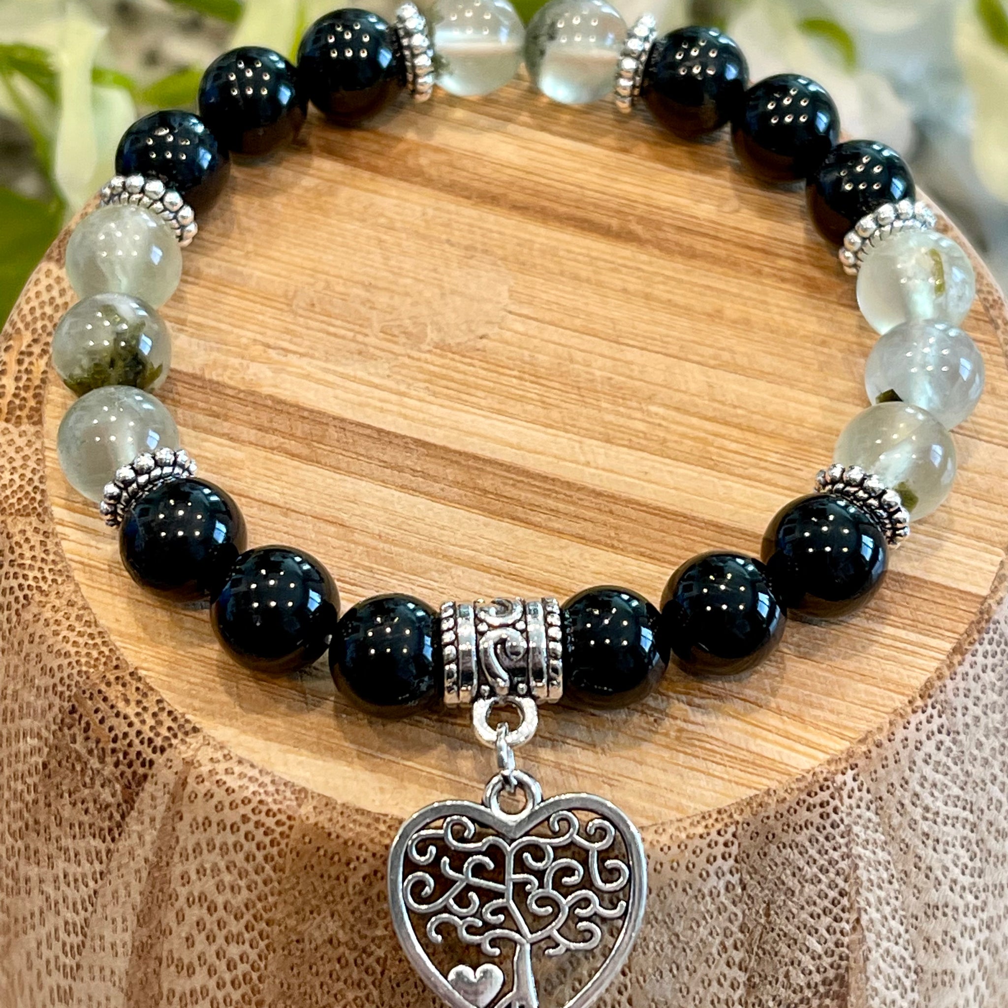 Tourmaline, Prehnite; Balance Yin and Yang Energies, Protection from Negative Energies, Dissolve challenging energy & negative thought patterns; Prehnite offers protection from fear, worry and anxiety