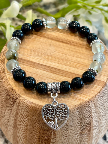 Tourmaline, Prehnite; Balance Yin and Yang Energies, Protection from Negative Energies, Dissolve challenging energy & negative thought patterns; Prehnite offers protection from fear, worry and anxiety