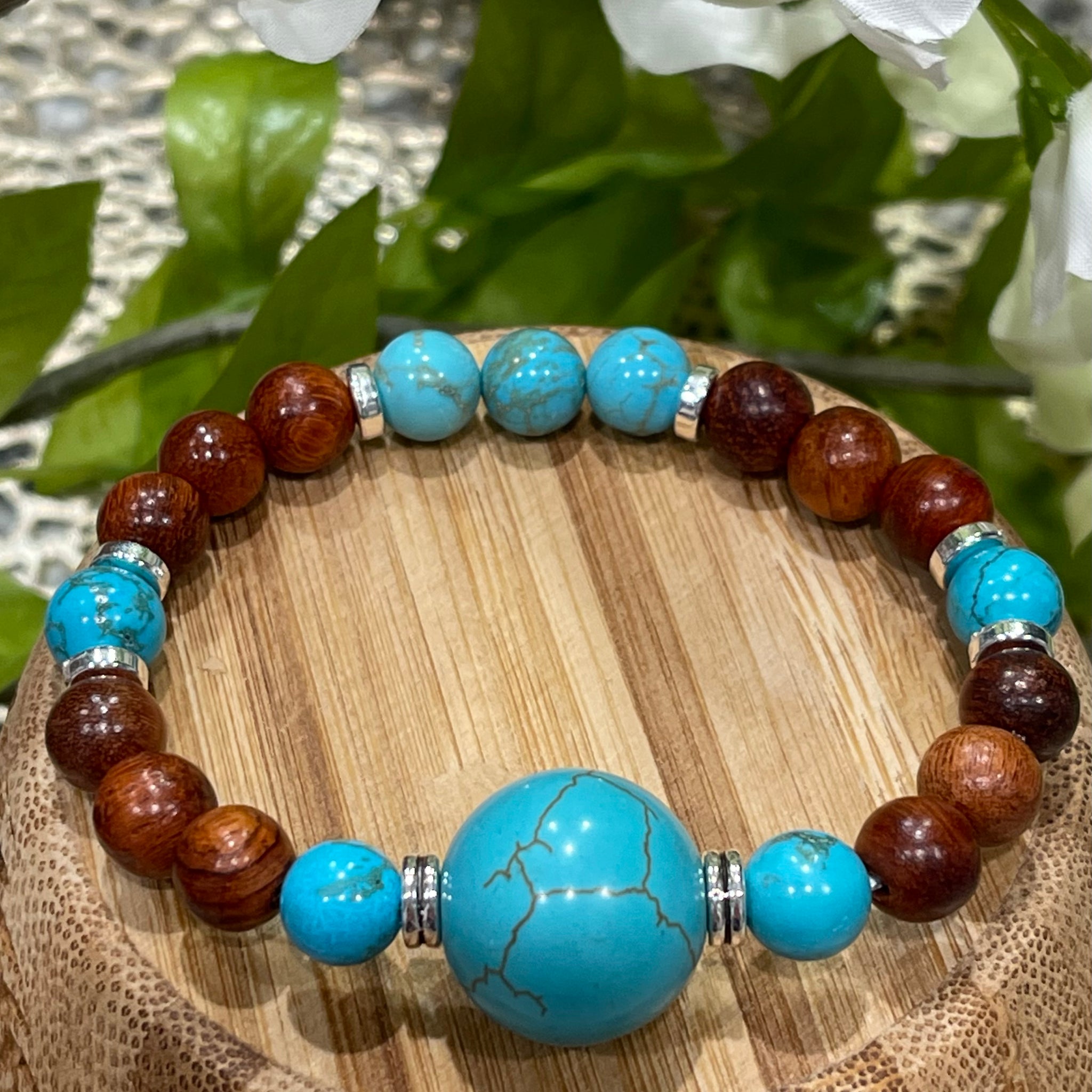 Turquoise 22mm, Burmese Pearwood, A Stone of Cleansing, Protection, Good Fortune (Available in Silver and Gold spacers)