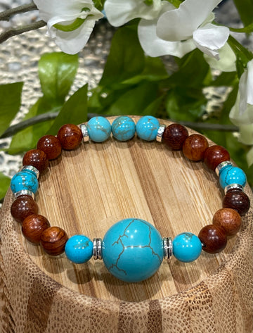 Turquoise 22mm, Burmese Pearwood, A Stone of Cleansing, Protection, Good Fortune (Available in Silver and Gold spacers)