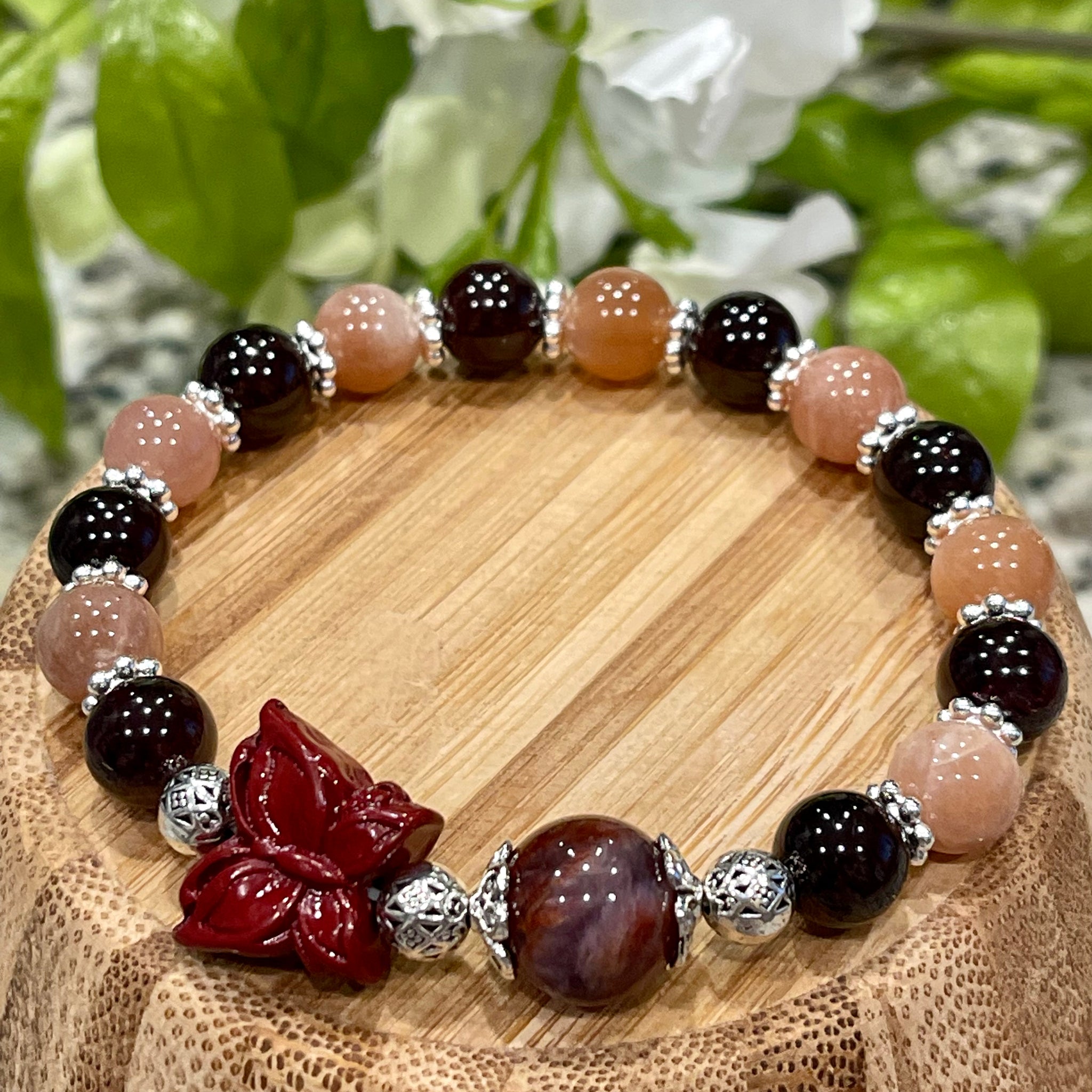 Cinnabar Butterfly, Amethyst Phantom 12mm, Garnet, Sunstone; Prosperity, Joy, Activate Passion & Success